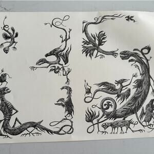 Edward Gorey Two Fantastic Drawings Dark Beasts Art Print 16x11" ~ 260217-WH 776